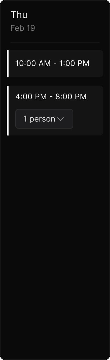 Bookings for Thursday – daily time slots